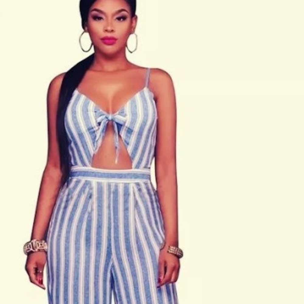 Striped front tie jumpsuit